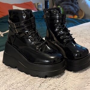 Black Patent Platform Combat Boots - Women's